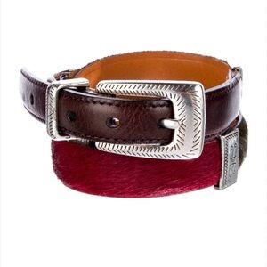 Brighton calf hair skinny belt xs size 26 colorful silver hardware maroon brown